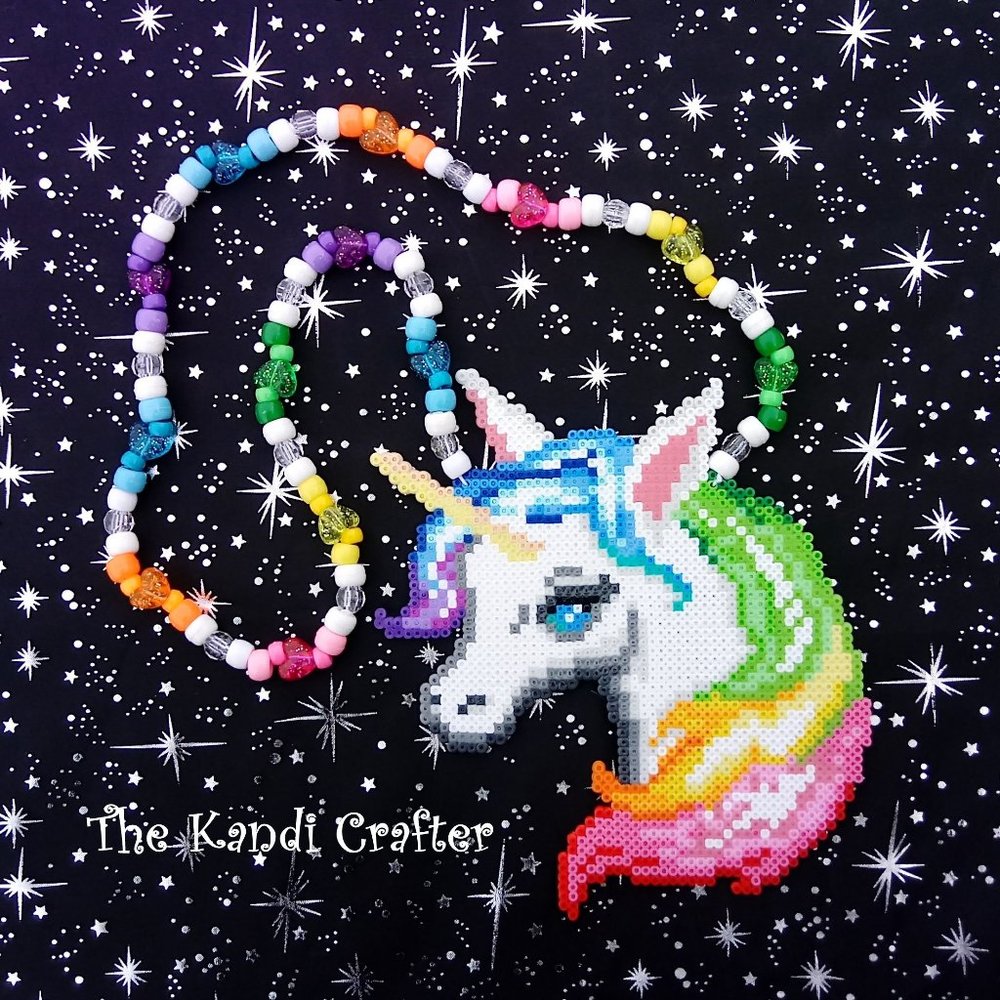 Rainbow Unicorn Mini Perler Bead Kandi Necklace